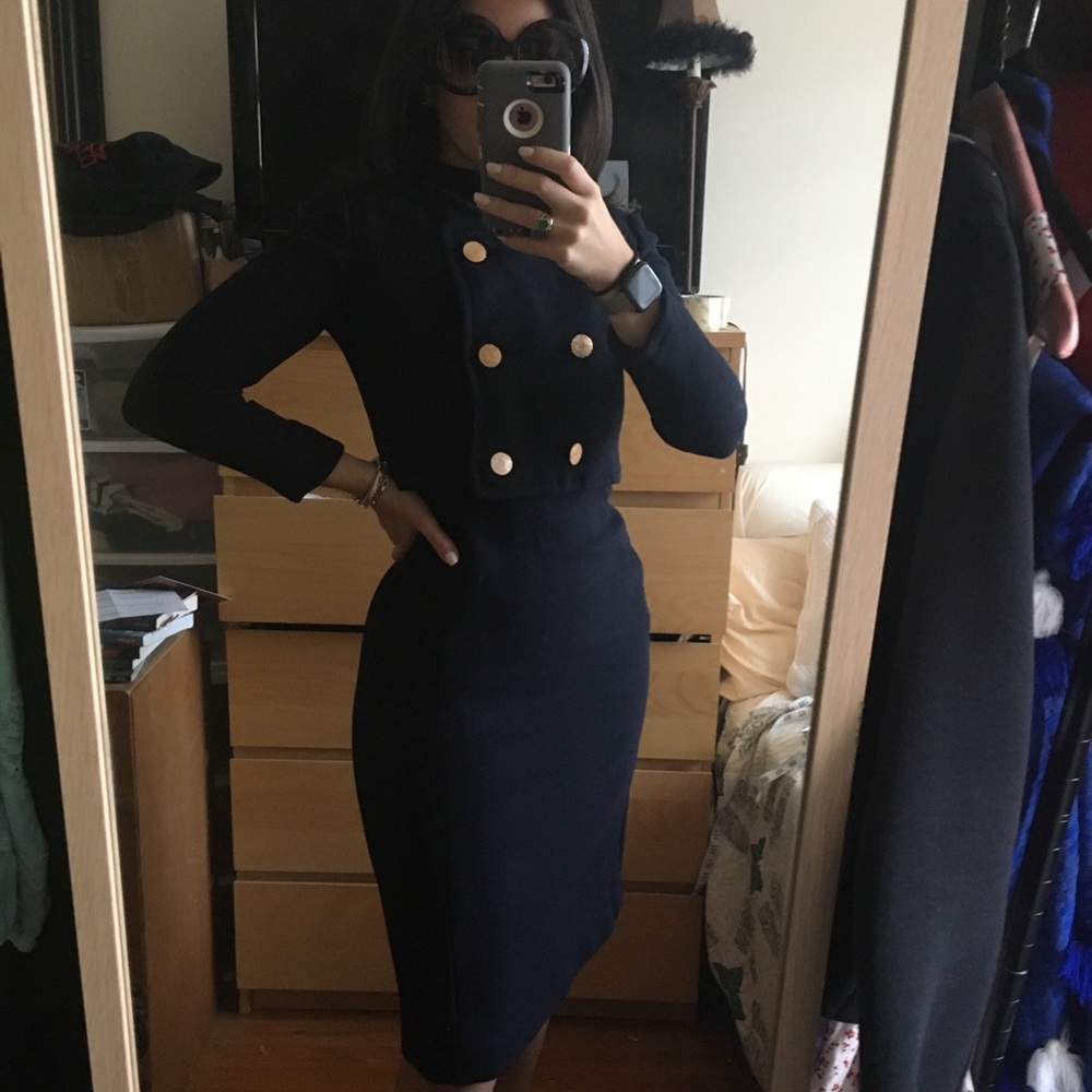 Vintage navy blue Larry Aldrich dress and cropped jacket suit set.